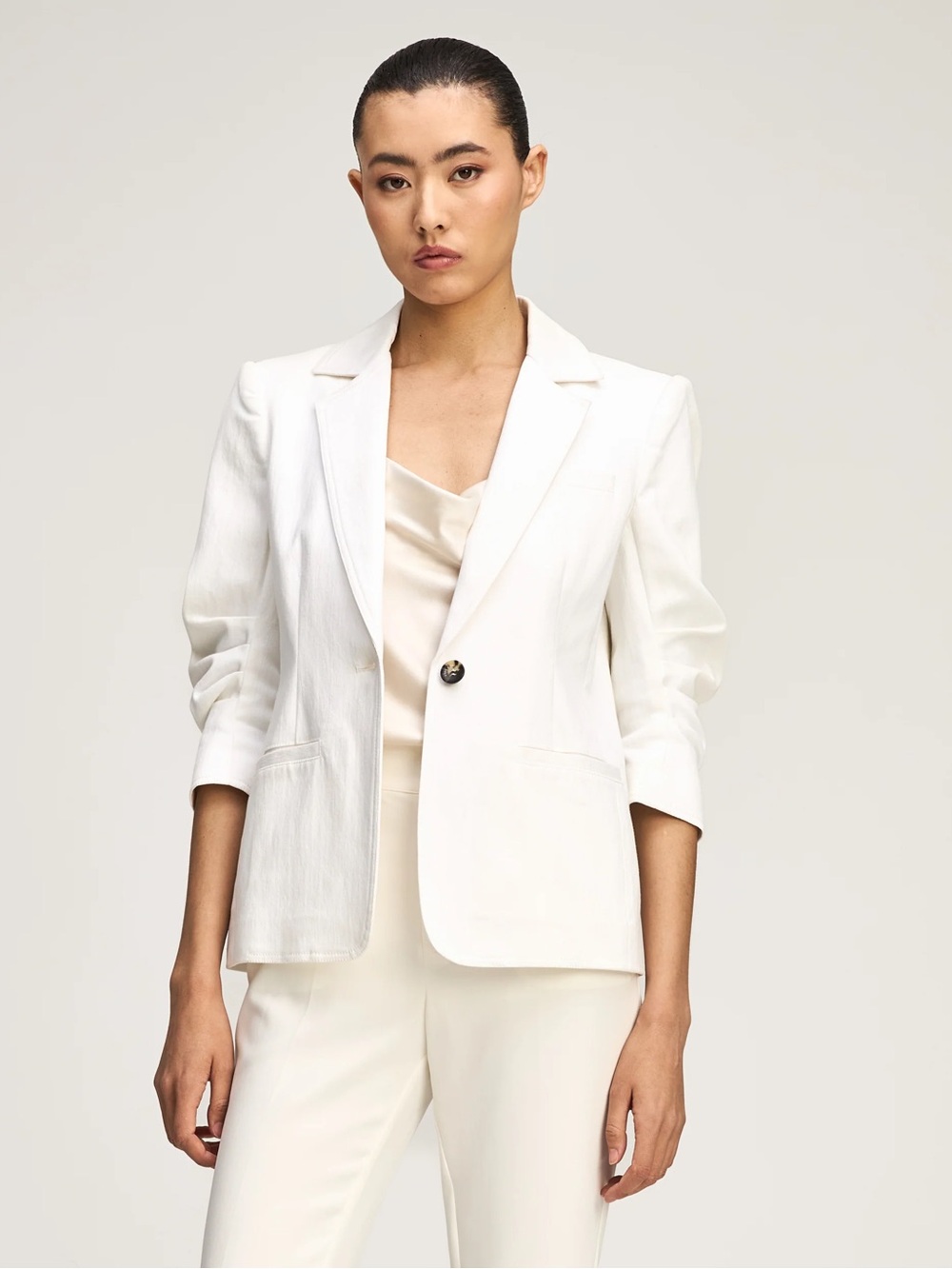 CINQ A SEPT Khloe Jean Blazer in white size 6 Ruched Sleeve Jacket